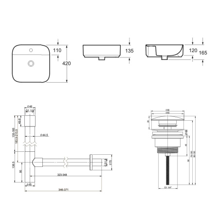 Комплект 3 в 1 Lavinia Boho Bathroom Sink 21520302: накладная фарфоровая раковина 42 см, металлический сифон, донный клапан
