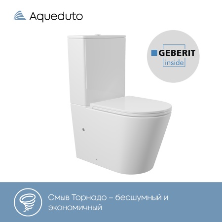 Aqueduto комплект: КОН Торнадо/CONE Tornado Унитаз напольный 625*365 безободковый с бачком, Tornado,  сиденье с микролифтом, белый глянцевый