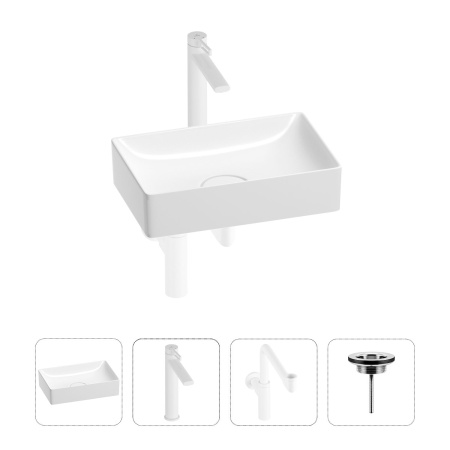 Раковина для ванной Wellsee Pure BY Wellsee 201002590 в наборе 4 в 1: раковина белого глянцевого цвета, высокий смеситель, сифон, выпуск (цвет набора матовый белый)