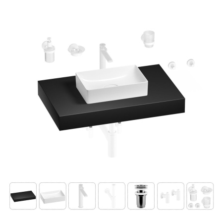 Раковина 42 см со столешницей 80 см Wellsee Pure BY Wellsee 201010790 в наборе 10 в 1: столешница, раковина, высокий смеситель, сифон, выпуск, кран-вентили, аксессуары (цвет матовый белый)