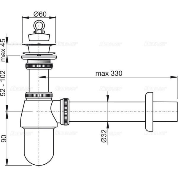 Сифон для умывальника Alcaplast Ø32, цельнометаллический, с водосливом 5/4", A437