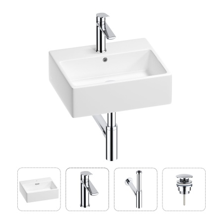Раковина для ванной Wellsee Graceful Pro 201002931 в наборе 4 в 1: раковина белого глянцевого цвета, смеситель, сифон, донный клапан (цвет набора хром)