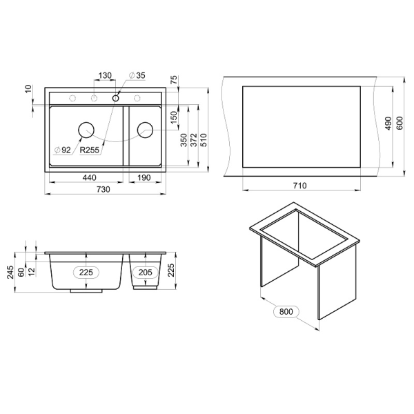 Мойка для кухни Granula Kitchen Space 7302i арктик, 73х51 см, прямоугольная