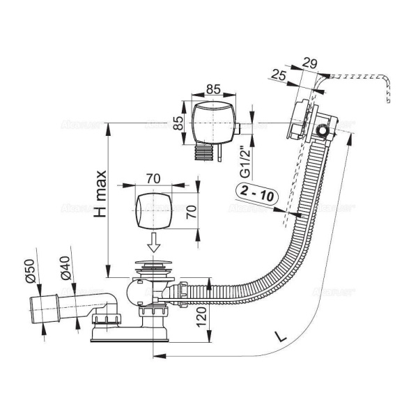 Сифон для ванны Alcaplast с напуском воды через перелив металл/металл длина 80 см, A564KM3-80