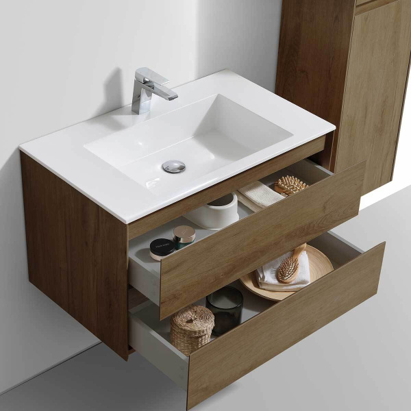 Тумба Vincea Luka 800 подвесная, 2 выкатных ящика soft-close, T.Oak с умывальником VCB-13800W из искусственного камня, цвет белый
