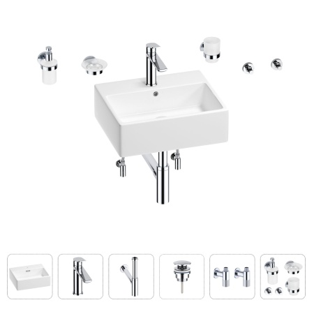 Раковина для ванной Wellsee Graceful Pro 201006681 в наборе 9 в 1: раковина белого глянцевого цвета, смеситель, сифон, донный клапан, угловые вентили, аксессуары (цвет набора хром)