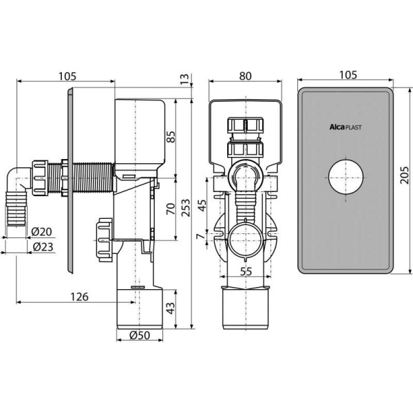 Сифон для стиральной машины Alcaplast под штукатурку хромированный, APS3P