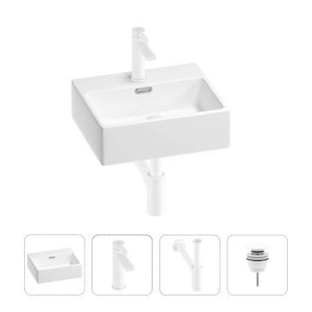 Раковина для ванной Wellsee Graceful Pro 201002860 в наборе 4 в 1: раковина белого глянцевого цвета, смеситель, сифон, донный клапан (цвет набора матовый белый)