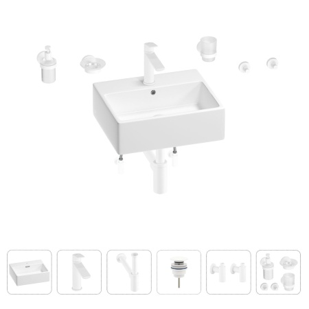 Раковина для ванной Wellsee Graceful Pro 201006655 в наборе 9 в 1: раковина белого глянцевого цвета, смеситель, сифон, донный клапан, угловые вентили, аксессуары (цвет набора матовый белый)