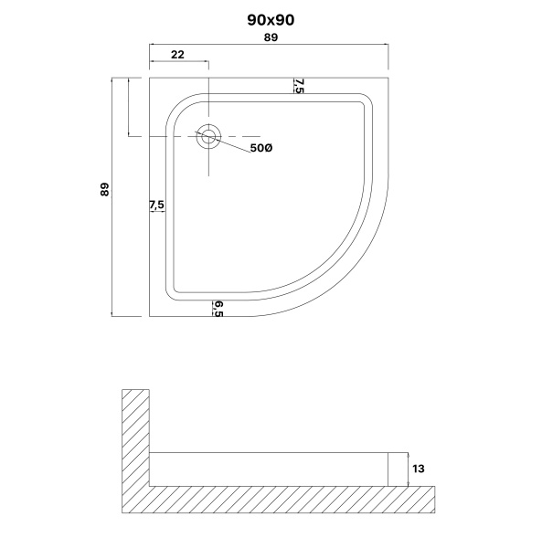 Душевой поддон NG-P9090-14 (90х90х13) четверть круга,1 место