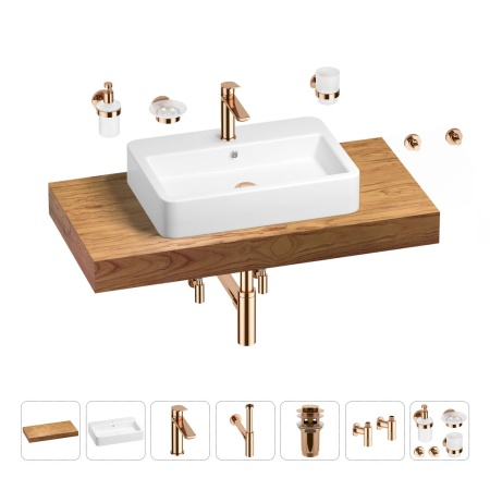 Раковина 60 см со столешницей 100 см Wellsee Halcyon 201011994 в наборе 10 в 1: столешница, раковина, смеситель, сифон, донный клапан, угловые вентили, аксессуары (цвет розовое золото)