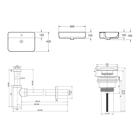 Комплект 3 в 1 Lavinia Boho Bathroom Sink 21520330: накладная фарфоровая раковина 60 см, металлический сифон, донный клапан