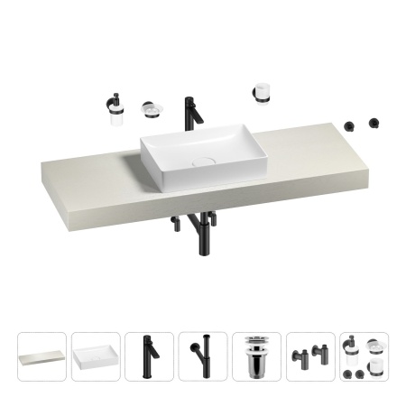 Раковина 50 см со столешницей 140 см Wellsee Pure BY Wellsee 201011437 в наборе 10 в 1: столешница, раковина, высокий смеситель, сифон, выпуск, кран-вентили, аксессуары (цвет матовый черный)