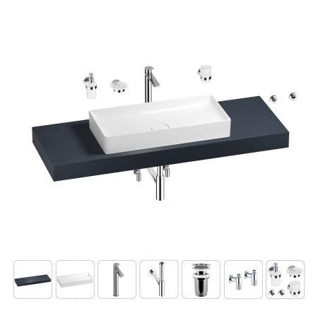 Раковина 75 см со столешницей 140 см Wellsee Pure BY Wellsee 201011811 в наборе 10 в 1: столешница, раковина, высокий смеситель, сифон, выпуск, кран-вентили, аксессуары (цвет хром)