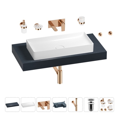 Раковина 75 см со столешницей 100 см Wellsee Pure BY Wellsee 201011584 в наборе 9 в 1: столешница, раковина, встраиваемый смеситель, сифон, выпуск, аксессуары (цвет набора розовое золото)