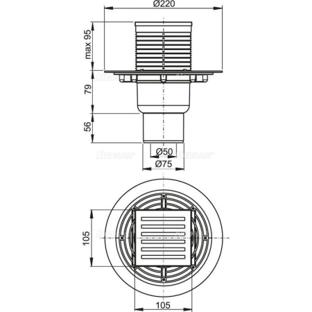 Сливной трап Alcaplast 105х105/50/75 подводка прямая решетка латунь-хром гидрозатвор мокрый APV