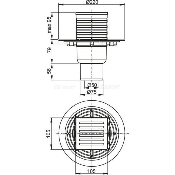 Сливной трап Alcaplast 105х105/50/75 подводка прямая решетка латунь-хром гидрозатвор мокрый APV