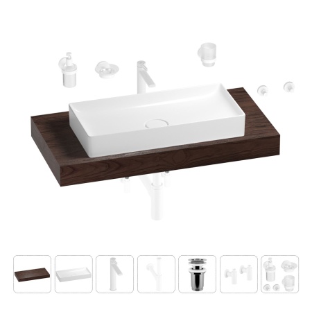 Раковина 75 см со столешницей 100 см Wellsee Pure BY Wellsee 201011620 в наборе 10 в 1: столешница, раковина, высокий смеситель, сифон, выпуск, кран-вентили, аксессуары (цвет матовый белый)