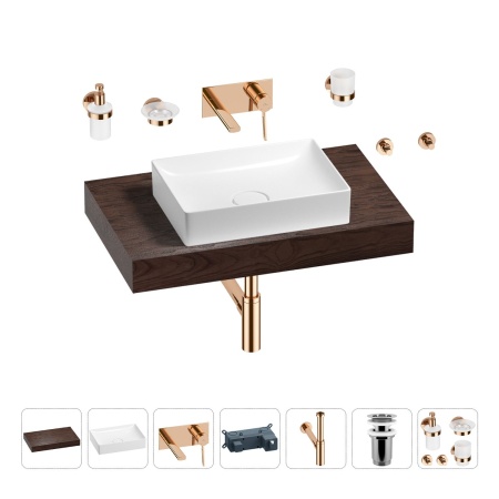 Раковина 50 см со столешницей 80 см Wellsee Pure BY Wellsee 201011149 в наборе 9 в 1: столешница, раковина, встраиваемый смеситель, сифон, выпуск, аксессуары (цвет набора розовое золото)