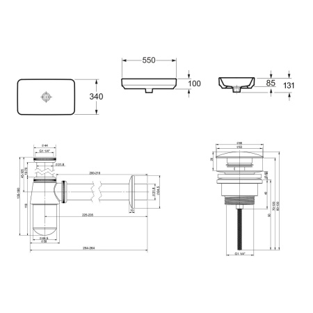 Комплект 3 в 1 Lavinia Boho Bathroom Sink 21520112: накладная фарфоровая раковина 55 см, металлический сифон, донный клапан