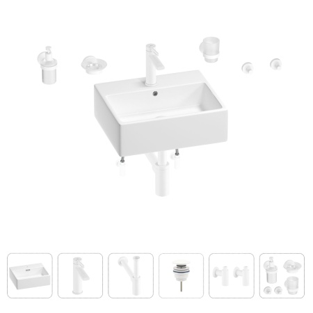 Раковина для ванной Wellsee Graceful Pro 201006660 в наборе 9 в 1: раковина белого глянцевого цвета, смеситель, сифон, донный клапан, угловые вентили, аксессуары (цвет набора матовый белый)