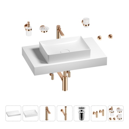 Раковина 50 см со столешницей 80 см Wellsee Pure BY Wellsee 201011159 в наборе 10 в 1: столешница, раковина, высокий смеситель, сифон, выпуск, кран-вентили, аксессуары (цвет розовое золото)