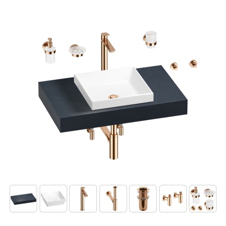 Раковина 40 см со столешницей 80 см Wellsee Doux 201009054 в наборе 10 в 1: столешница, раковина, высокий смеситель, сифон, донный клапан, кран-вентили, аксессуары (цвет розовое золото)