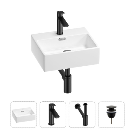 Раковина для ванной Wellsee Graceful Pro 201002852 в наборе 4 в 1: раковина белого глянцевого цвета, смеситель, сифон, донный клапан (цвет набора матовый черный)