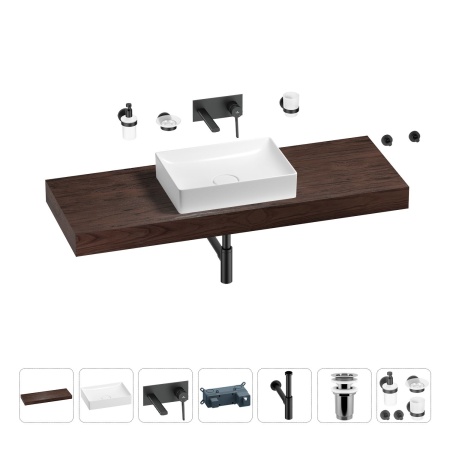 Раковина 50 см со столешницей 140 см Wellsee Pure BY Wellsee 201011507 в наборе 9 в 1: столешница, раковина, встраиваемый смеситель, сифон, выпуск, аксессуары (цвет набора матовый черный)