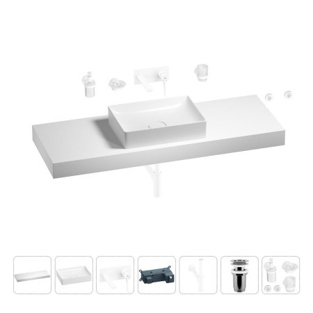 Раковина 50 см со столешницей 140 см Wellsee Pure BY Wellsee 201011530 в наборе 9 в 1: столешница, раковина, встраиваемый смеситель, сифон, выпуск, аксессуары (цвет набора матовый белый)