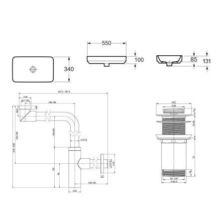 Комплект 3 в 1 Lavinia Boho Bathroom Sink 21520153: накладная фарфоровая раковина 55 см, металлический сифон, донный клапан