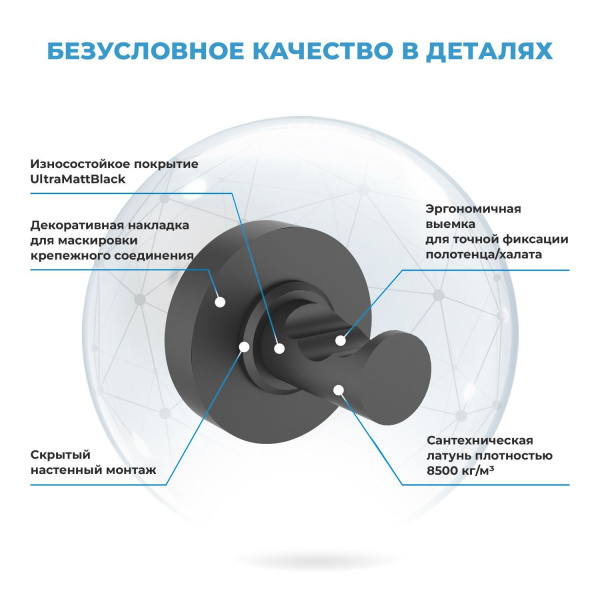 Настенный крючок для полотенец в ванную комнату Wellsee Finishing Touch 182517000, материал латунь, цвет черный. Выдерживает вес до 10 кг