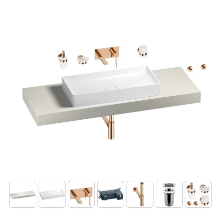 Раковина 75 см со столешницей 140 см Wellsee Pure BY Wellsee 201011809 в наборе 9 в 1: столешница, раковина, встраиваемый смеситель, сифон, выпуск, аксессуары (цвет набора розовое золото)
