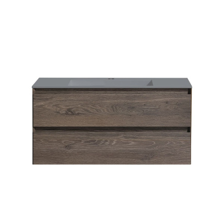 Тумба Vincea Luka 1000 подвесная, 2 выкатных ящика soft-close, R.Oak с умывальником VCB-13100G из кварца, цвет серый