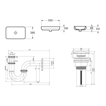 Комплект 3 в 1 Lavinia Boho Bathroom Sink 21520110: накладная фарфоровая раковина 55 см, металлический сифон, донный клапан