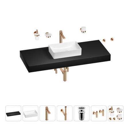 Раковина 42 см со столешницей 120 см Wellsee Pure BY Wellsee 201010969 в наборе 10 в 1: столешница, раковина, высокий смеситель, сифон, выпуск, кран-вентили, аксессуары (цвет розовое золото)