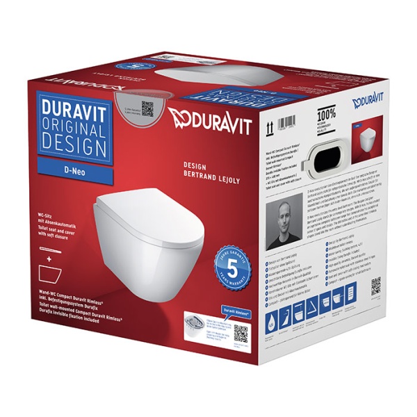Duravit D-Neo Унитаз подвесной 48х37см, безободковый, сиденье микролифт, цвет: белый 45880900A1 (2588090000+0021690000)