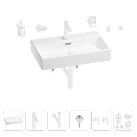 Раковина для ванной Wellsee Graceful Pro 201006730 в наборе 9 в 1: раковина белого глянцевого цвета, смеситель, сифон, донный клапан, угловые вентили, аксессуары (цвет набора матовый белый)