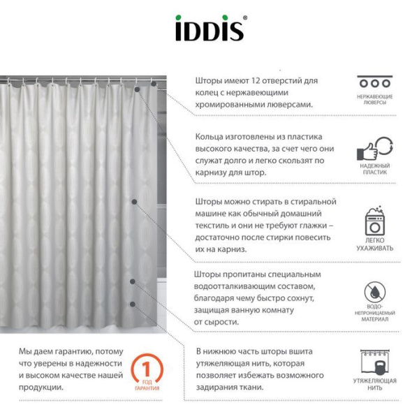 Штора для ванной комнаты 200х180 IDDIS Decor D02P218i11