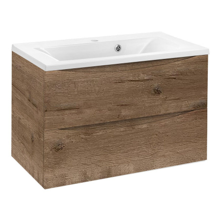 Тумба Vincea Mia 750 подвесная, 2 выкатных ящика soft close, V.Oak с умывальником VCB-3M750W из искусственного камня, цвет белый