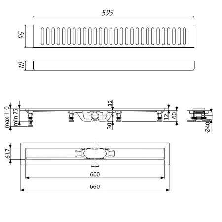 Комплект водоотводящий желоб SP10-600 из пластика, с порогами из нерж. стали + Перфорированная решетка PC10-600