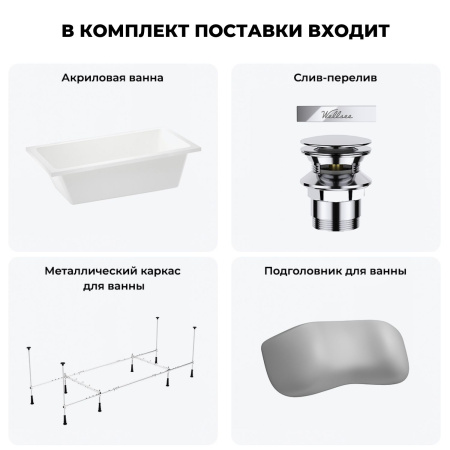 Акриловая ванна в наборе 4 в 1: встраиваемая ванна, слив-перелив, каркас, подголовник Wellsee FreeDom 2.0 20212783R