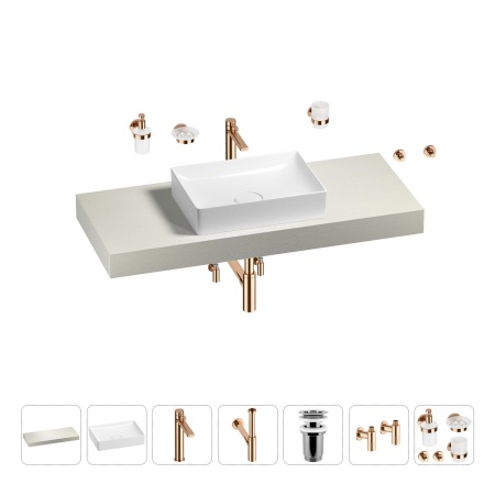 Раковина 50 см со столешницей 120 см Wellsee Pure BY Wellsee 201011319 в наборе 10 в 1: столешница, раковина, высокий смеситель, сифон, выпуск, кран-вентили, аксессуары (цвет розовое золото)