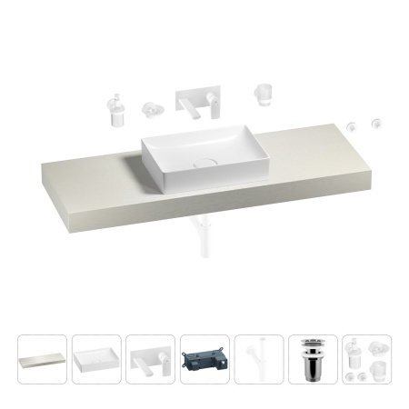 Раковина 50 см со столешницей 140 см Wellsee Pure BY Wellsee 201011445 в наборе 9 в 1: столешница, раковина, встраиваемый смеситель, сифон, выпуск, аксессуары (цвет набора матовый белый)