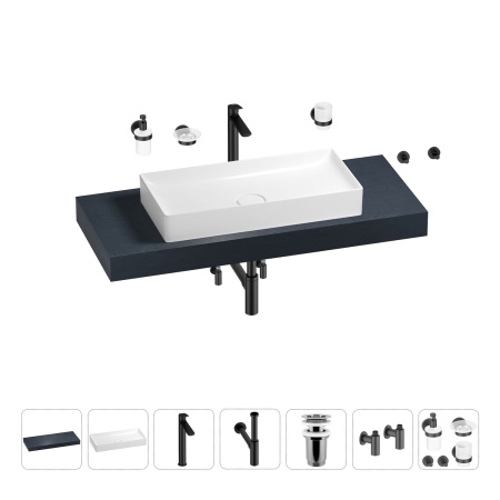 Раковина 75 см со столешницей 120 см Wellsee Pure BY Wellsee 201011692 в наборе 10 в 1: столешница, раковина, высокий смеситель, сифон, выпуск, кран-вентили, аксессуары (цвет матовый черный)