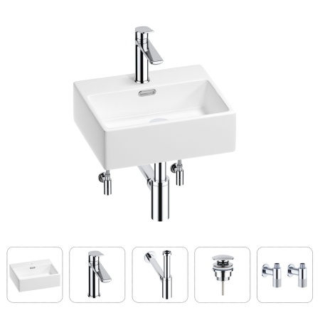Раковина для ванной Wellsee Graceful Pro 201004526 в наборе 5 в 1: раковина белого глянцевого цвета, смеситель, сифон, донный клапан, угловые вентили (цвет набора хром)