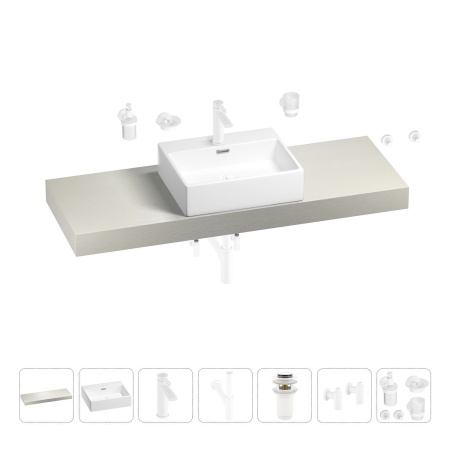 Раковина 50 см со столешницей 140 см Wellsee Graceful Pro 201012580 в наборе 10 в 1: столешница, раковина, смеситель, сифон, донный клапан, угловые вентили, аксессуары (цвет матовый белый)