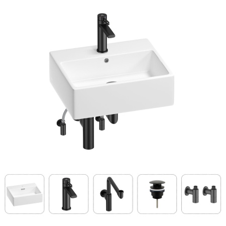 Раковина для ванной Wellsee Graceful Pro 201004622 в наборе 5 в 1: раковина белого глянцевого цвета, смеситель, сифон, донный клапан, угловые вентили (цвет набора матовый черный)