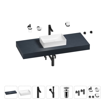 Раковина 42 см со столешницей 120 см Wellsee Pure BY Wellsee 201010907 в наборе 10 в 1: столешница, раковина, высокий смеситель, сифон, выпуск, кран-вентили, аксессуары (цвет матовый черный)