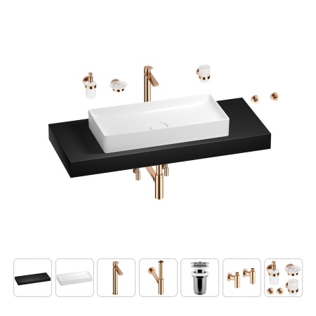 Раковина 75 см со столешницей 120 см Wellsee Pure BY Wellsee 201011774 в наборе 10 в 1: столешница, раковина, высокий смеситель, сифон, выпуск, кран-вентили, аксессуары (цвет розовое золото)